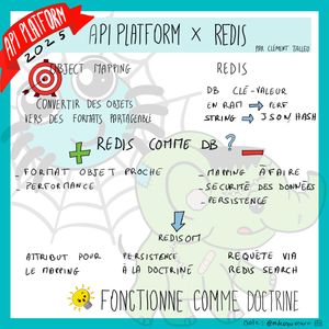 Sketchnote présentant l'intégration de Redis avec API Platform. Le schéma illustre l'object mapping pour convertir des objets vers des formats partageables, Redis comme base de données clé-valeur (RAM vers performance, string vers JSON hash). Une balance compare les avantages (format objet proche, performance) et inconvénients (mapping à faire, sécurité des données, persistance). RedisOM est présenté comme solution avec attributs pour le mapping, persistence à la Doctrine, et requêtes via Redis Search.